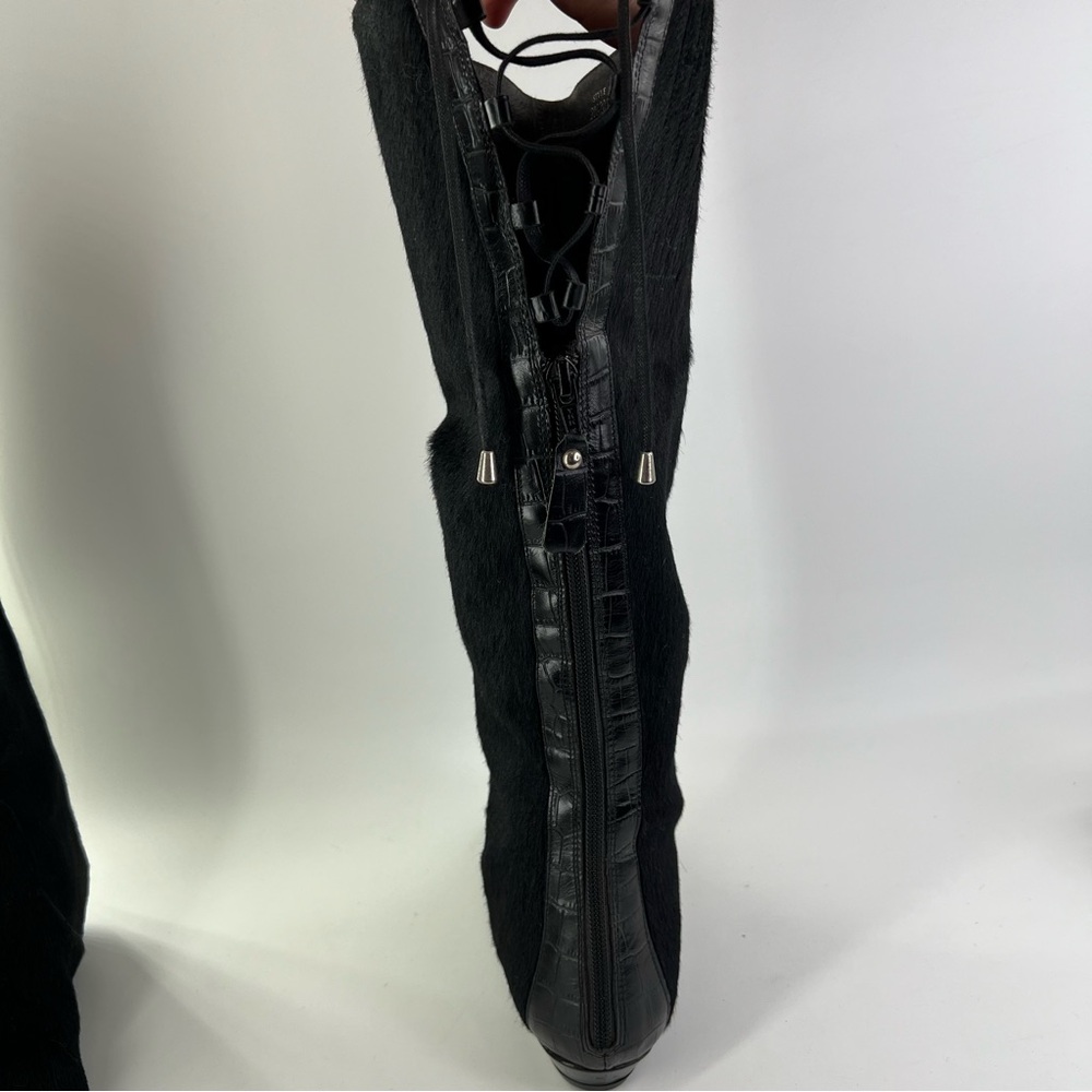 NWT Migliorini Calf Hair Boots Reptile Pattern Lace Up Back  7.5 Black Real Fur - Picture 4 of 12